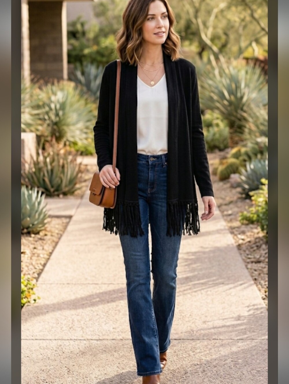 Black Women's Fringe Open-Front Sweater Cardigan - Picture 1 of 5
